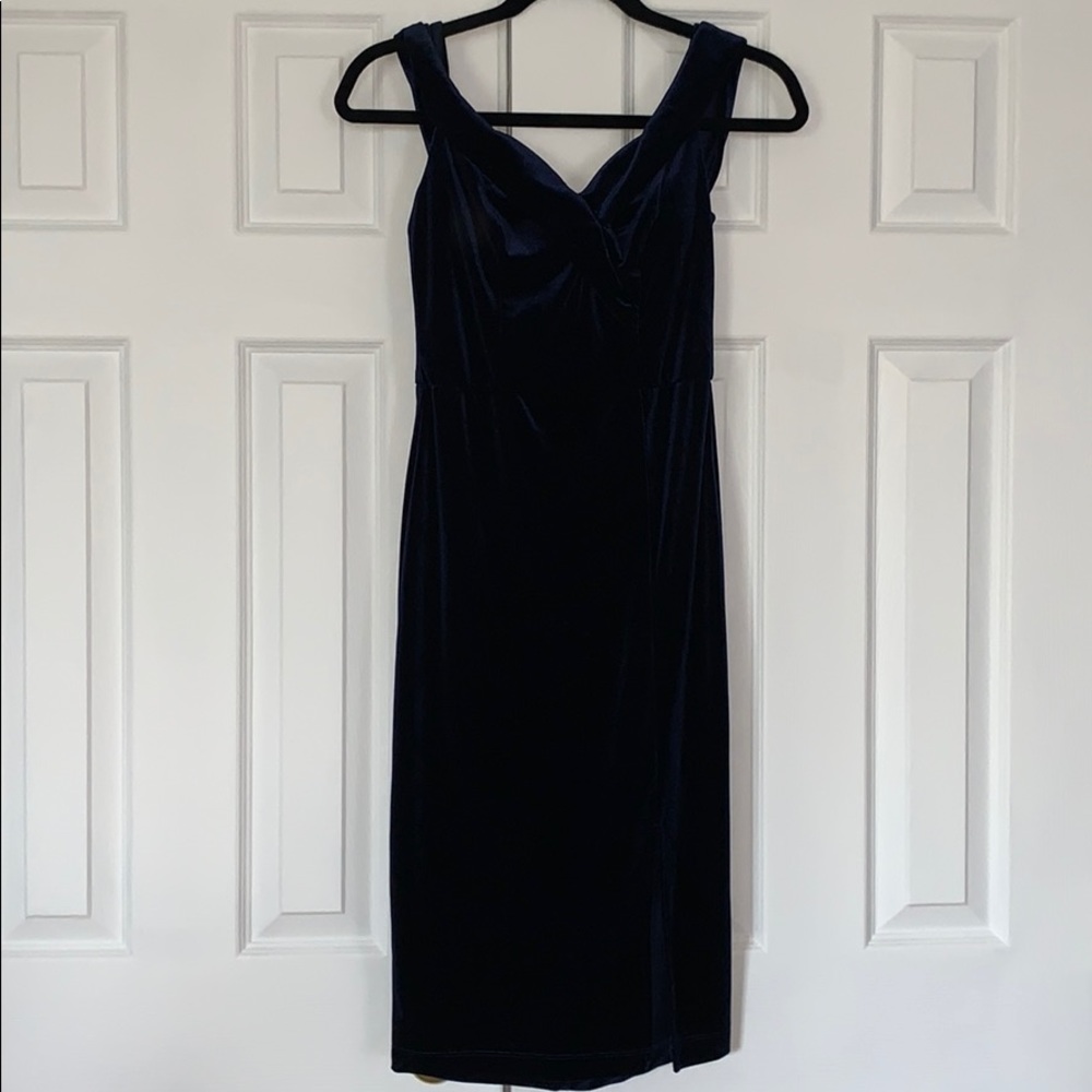 Dark blue velvet off the shoulder dress